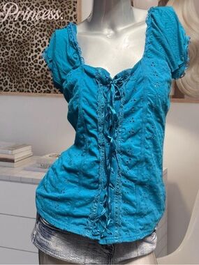 Turquoise Lace-Up Eyelet Peasant Top - Women